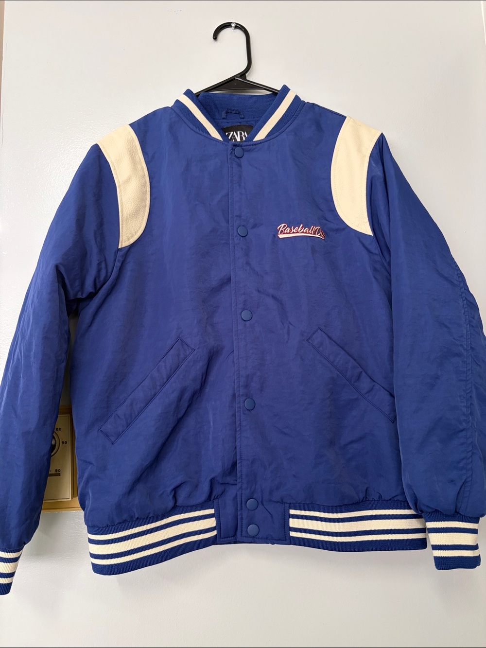 Zara Kids Blue Baseball Jacket with Cream Leather shoulder accent